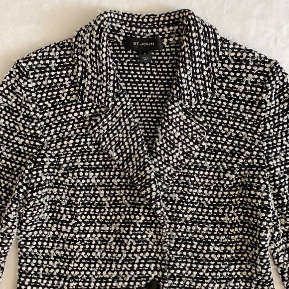 St. John | Textured Knit One Button Long Blazer Jacket Black/White (10) - Picture 4 of 16